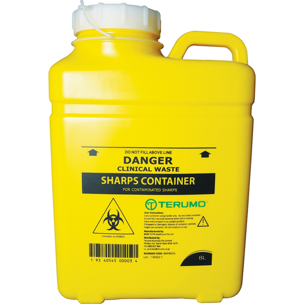 8L Sharps Container Yellow with Screw Lid and Notching Cap (Terumo)