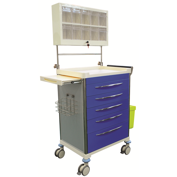 Anaesthesia Trolley- Blue with an extension table, waste bin, stainless steel wire basket and soft closing drawers