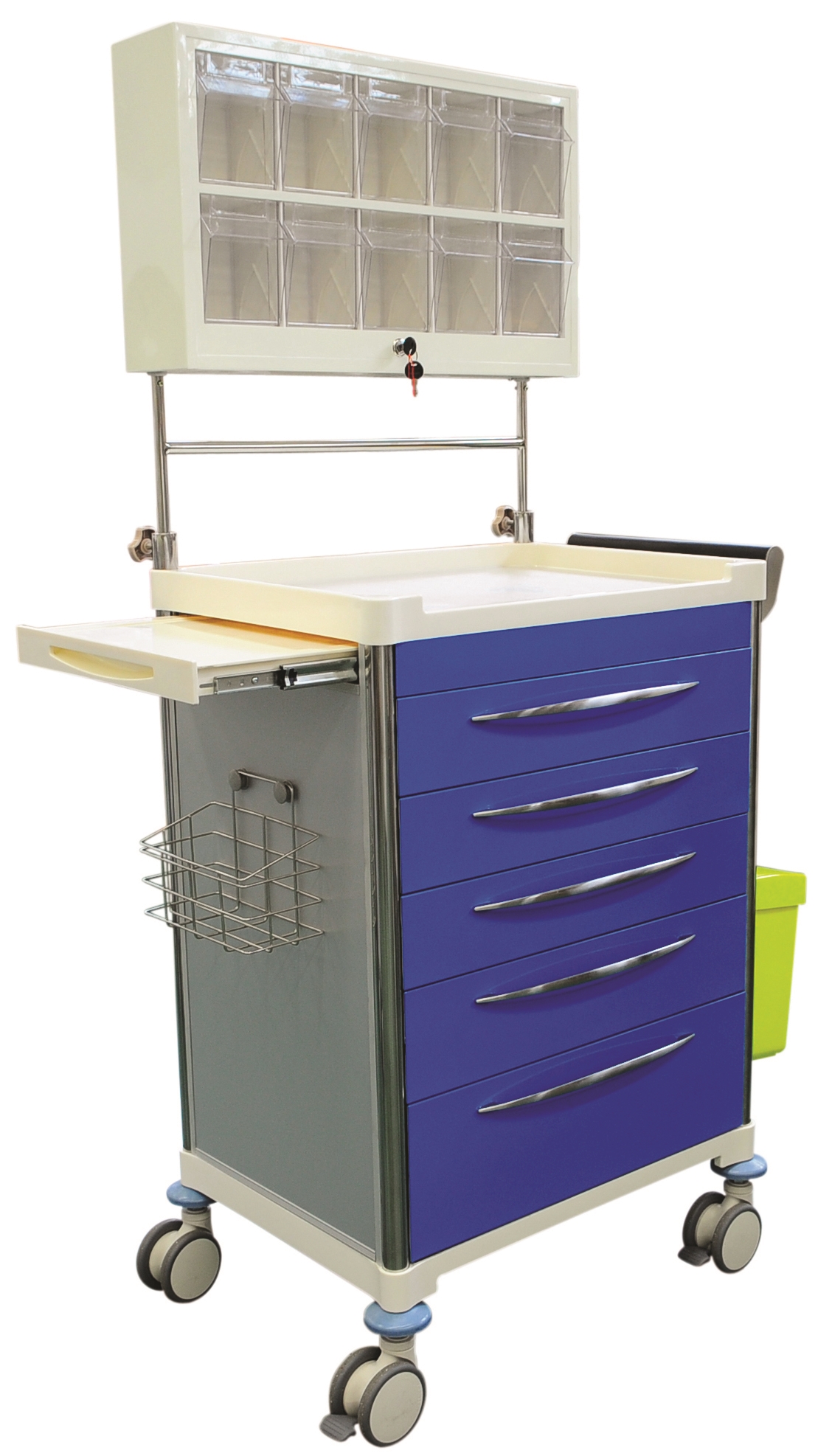 Anaesthesia Trolley- Blue with an extension table, waste bin, stainless steel wire basket and soft closing drawers