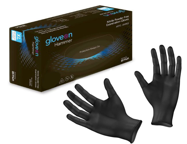 BLACK HAMMER NITRILE EXAM GLOVE P/F STAND.CUFF MEDIUM. BOX OF 100