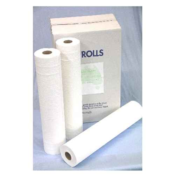 Bed Sheet Rolls 59cm x 50m, White 2Ply Embossed. Carton of 6 Rolls