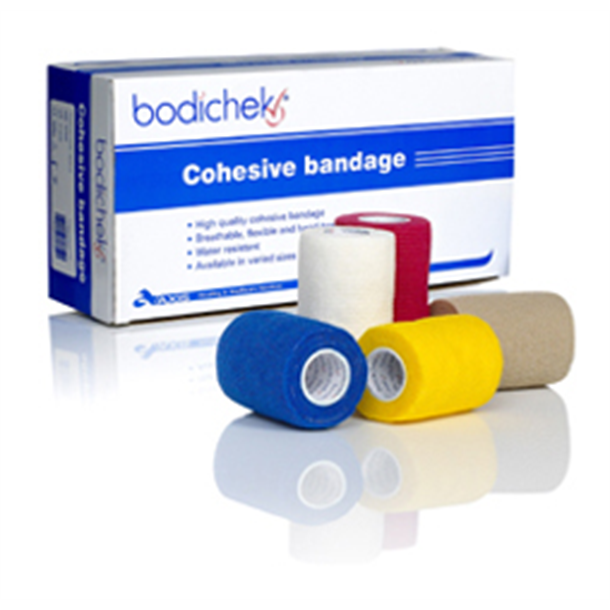 Bodichek Cohesive Elastic Bandage 10cm x 4.5m Assorted Colours - White, Skin, Red, Green, Blue and Yellow. Box of 18