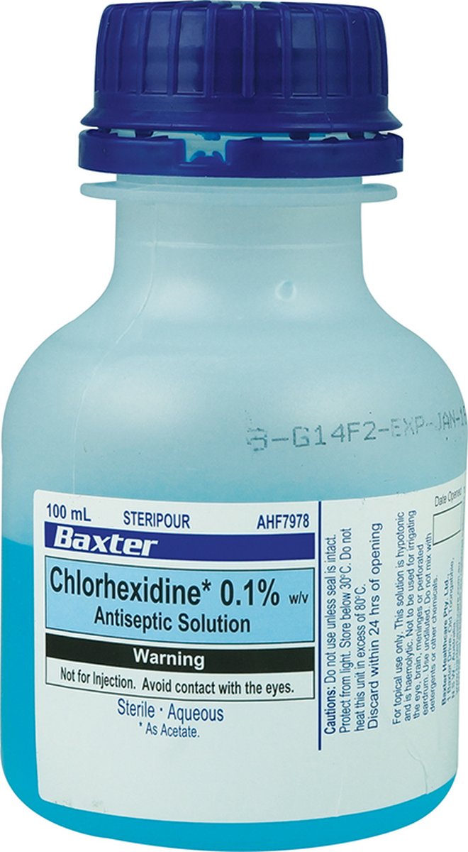 Chlorhexidine Acetate 0.1% Antiseptic Solution 100ml Bottle (Blue). Carton of 24