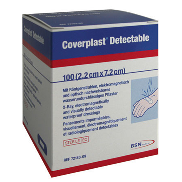 Coverplast Detectable 72mm x 22mm. Box of 100 X-Ray Detectable, Blue, Waterproof Dressing Strips