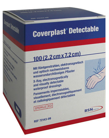 Coverplast Detectable 72mm x 22mm. Box of 100 X-Ray Detectable, Blue, Waterproof Dressing Strips