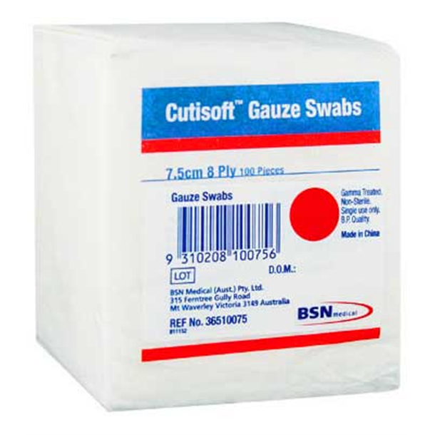 Cutisoft Gauze Swabs 8ply 7.5cm x 7.5cm. Pack of 100 Gamma Treated, Non-sterile (Not individually wrapped)