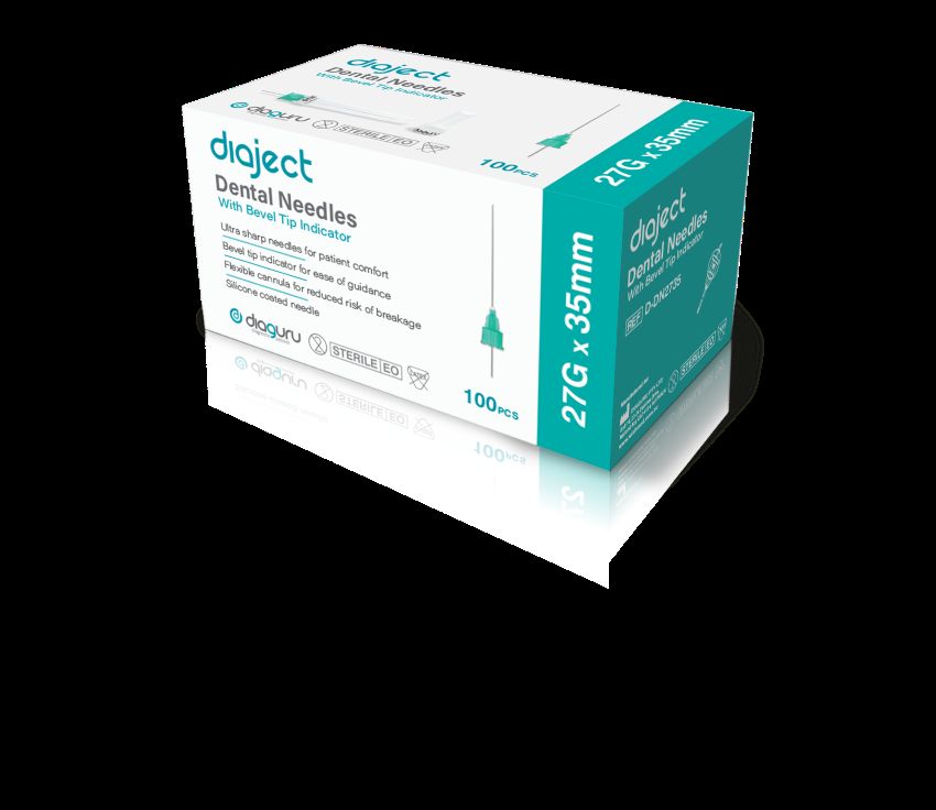 Diaject Dental Needles 27G x 35mm (Long). Box of 100 