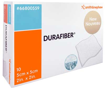 Durafiber Gelling Fiber Dressing 5cm x 5cm. Box of 10