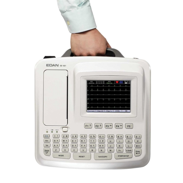 Edan SE-601C ECG Unit with alphanumeric keyboard, large backlit colour screen, simultaneous 12 lead acquisition mode, dual power supply, 200 ECG memory and 110mm paper
