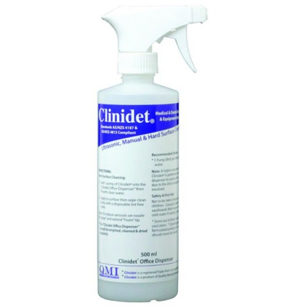 Empty QMI Clinidet 500ml Bottle with Instruction Label and Pump Spray Nozzle