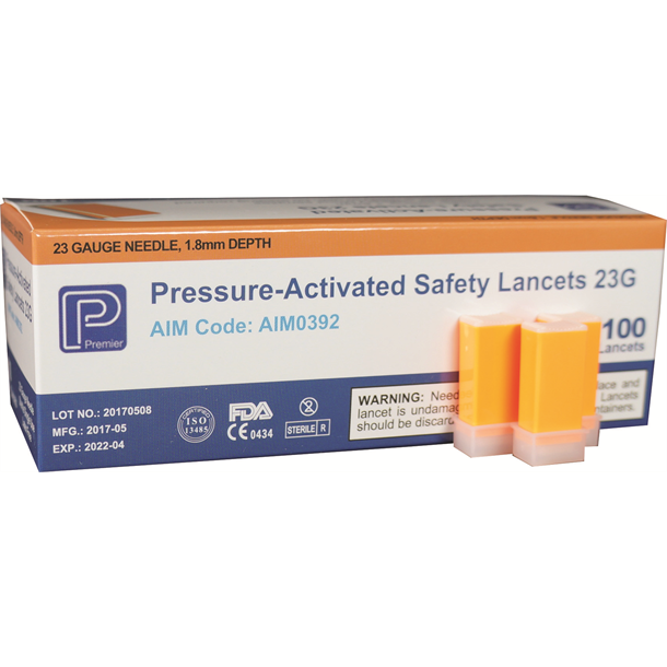  GMT Sterile Pressure-Activated Safety Lancet Blue 23G. Box of 100