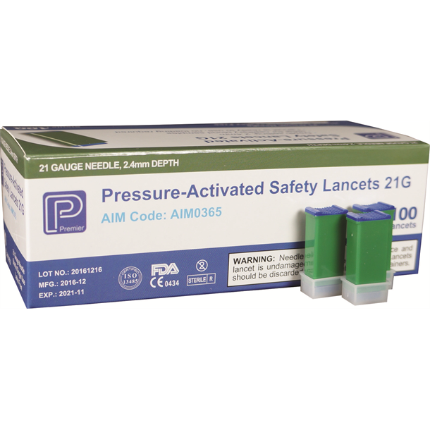  GMT Sterile Pressure-Activated Safety Lancet Green 21G. Box of 100