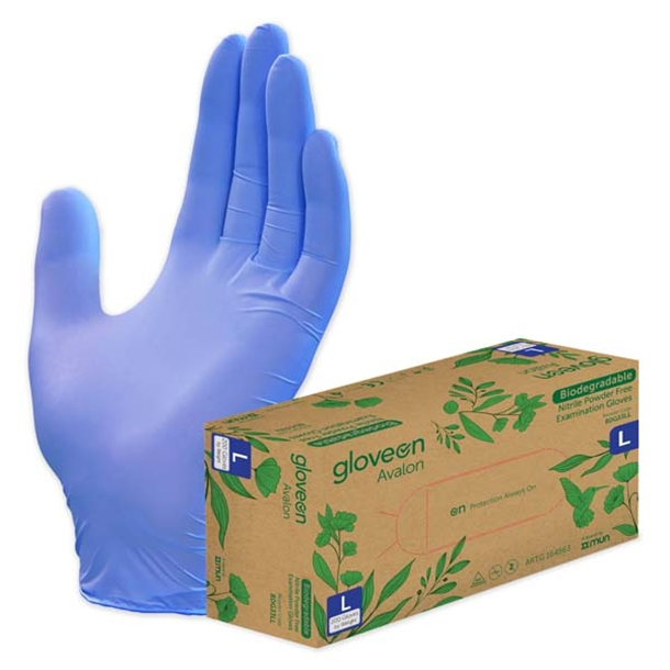 GloveOn Avalon Biodegradable Nitrile Gloves Large, PF, NS, Violet Blue. Box of 200