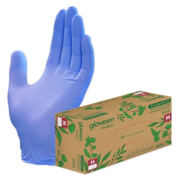 GloveOn Avalon Biodegradable Nitrile Gloves Medium, PF, NS Violet Blue. Box of 200