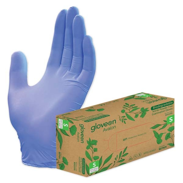 GloveOn Avalon Biodegradable Nitrile Gloves Small, PF, NS, Violet Blue. Box of 200