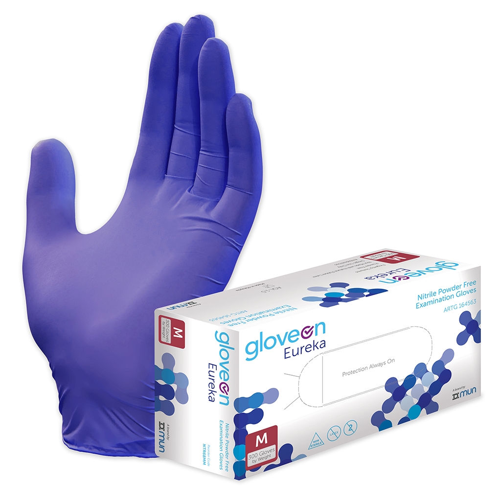 GloveOn Eureka Nitrile Exam Glove P/F, N/S Fingertip Textured Stanard Cuff Dark Blue Medium Box of 300