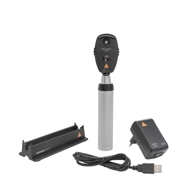 HEINE BETA 200 LED Ophthalmoscope Set with BETA4 USB Handle & Charging Cord, in a Hard Case