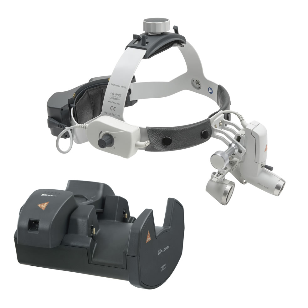 HEINE ML4 LED Headlight on Professional L Headband without S-Guards with HR 2.5x/420mm Loupes & 2 mPack UNPLUGGED & EN50 Charger
