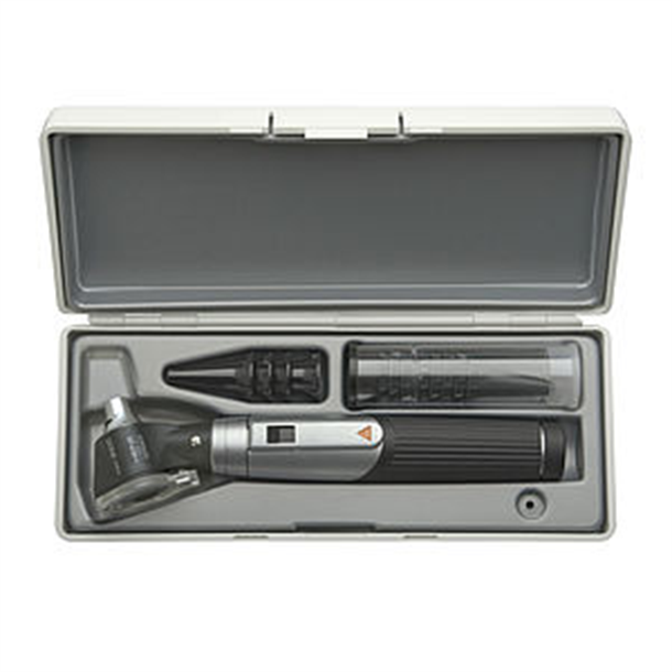HEINE mini 3000 Otoscope 2.5v with handle, four reusable tips and 10 disposable AllSpec tips in a hard case