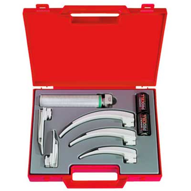 HEINE XP Emergency Laryngoscope Set 2.5v Fibre Optic with XP Disposable Blades, (Miller 0 and 1, Mac 2, 3, 4), XP Disposable Handle Shell, Handle Insert and two Alkaline Batteries in a Red Carry Case
