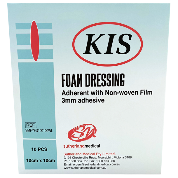 KIS Foam Border 10cm x 10cm Dressing, White Non-woven Film Backing & Silicone Adh Border. Box of 10