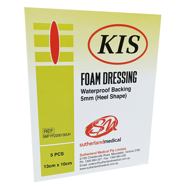 KIS Foam Dressing 13cm x 10cm, Heel,Non-border, Non-adh, Box of 5 (5mm Thickness)
