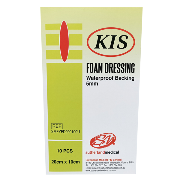 KIS Foam Dressing 20cm x 10cm, Non-border, Non-adhesive, Box of 10 (5mm Thickness)