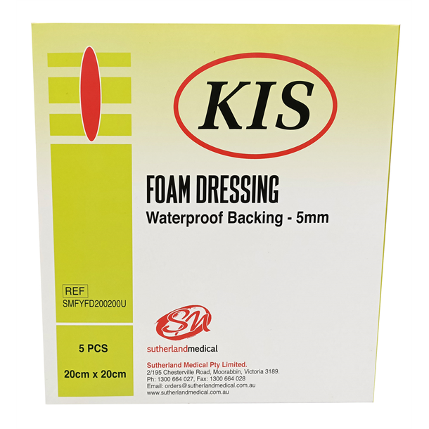 KIS Foam Dressing 20cm x 20cm, Non-border, Non-adhesive, Box of 5 (5mm Thickness)