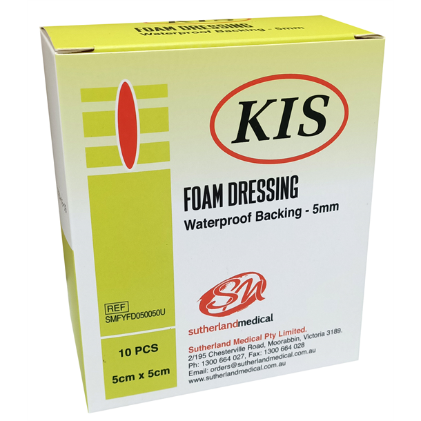 KIS Foam Dressing 5cm x 5cm, Non-border, Non-adhesive, Box of 10 (5mm Thickness)