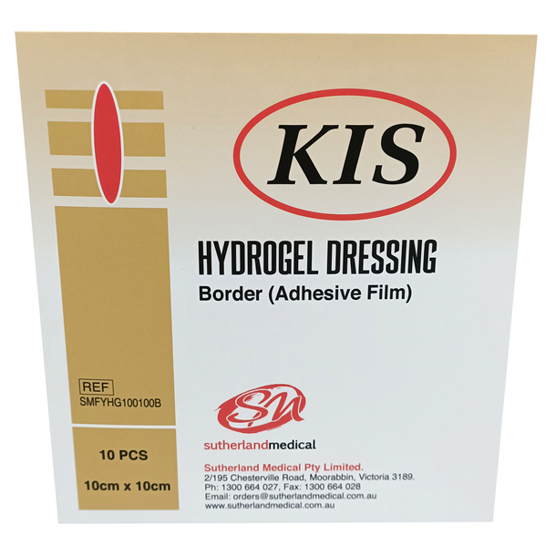 KIS Hydrogel Dressing 10cm x 10cm with Border. Box of 10