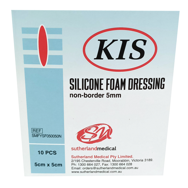 KIS Silicone Foam Adh. Non-Border Dressing 5cm x 5cm. Box of 10