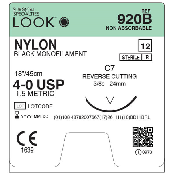 LOOK 4/0 Nylon Suture, 24mm RC,45cm