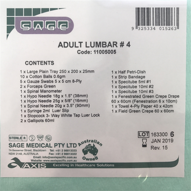 Lumbar Puncture Tray No. 4 Adult. Pack of 10