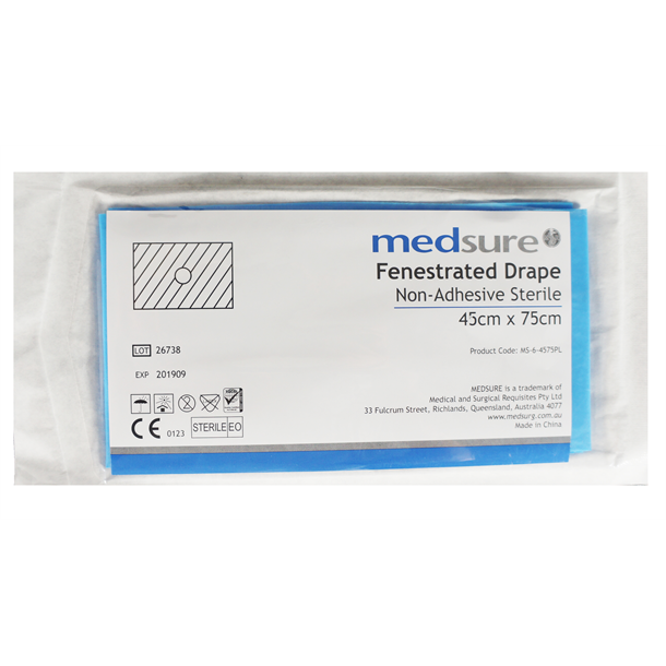 Medsure Fenestrated Sterile Drape 45cm x 75cm Non-adhesive. Box of 50