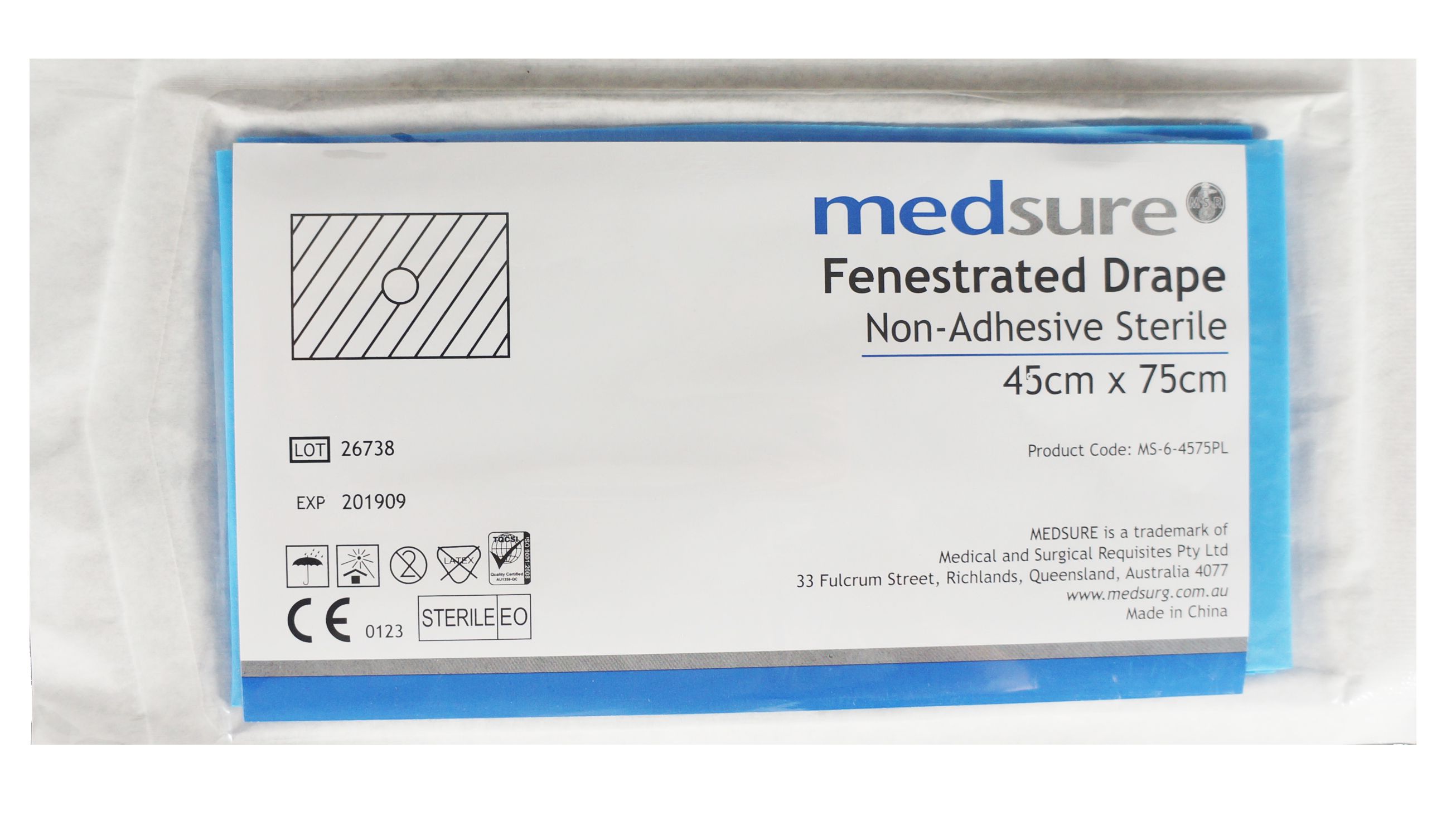  Medsure Fenestrated Sterile Drape 45cm x 75cm Non-adhesive. Box of 50