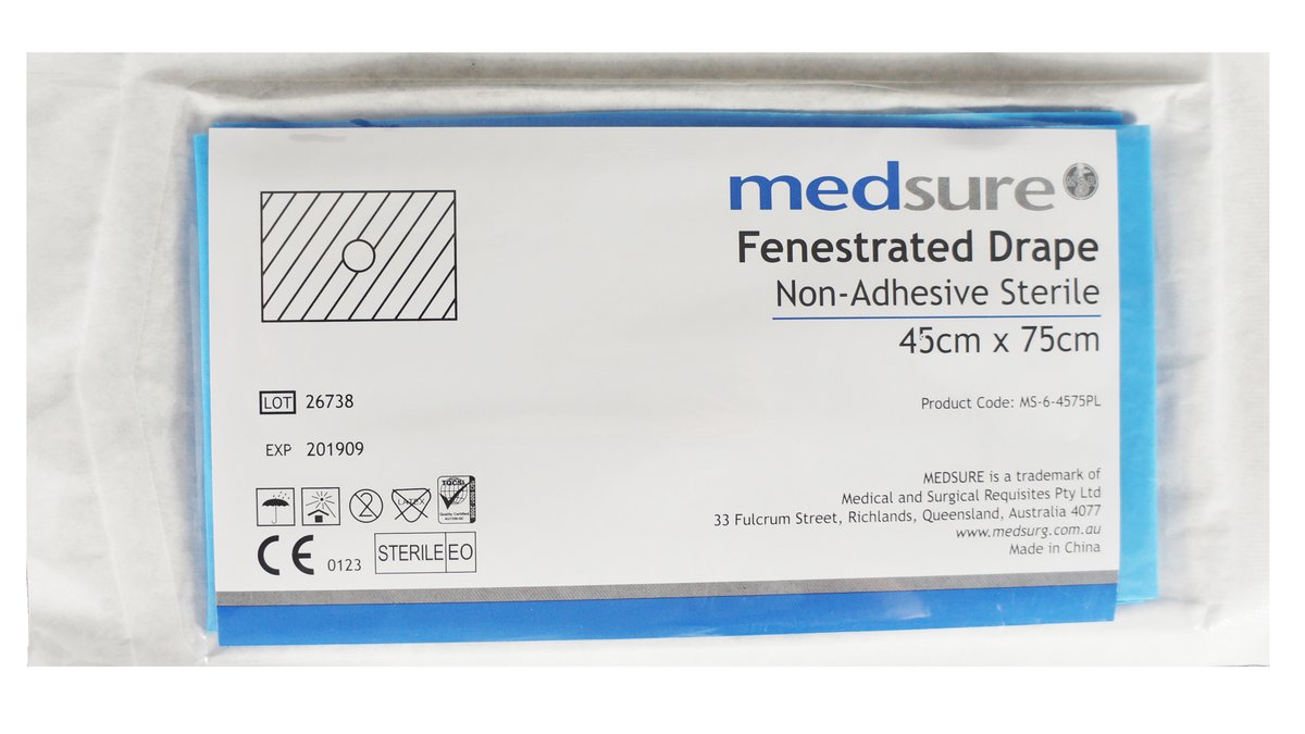  Medsure Fenestrated Sterile Drape 45cm x 75cm Non-adhesive. Single