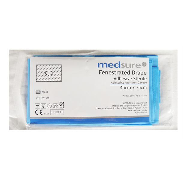  Medsure Fenestrated Sterile Drape with two-piece Adjustable, Adhesive Fenestration 45cm x 75cm. Box of 50