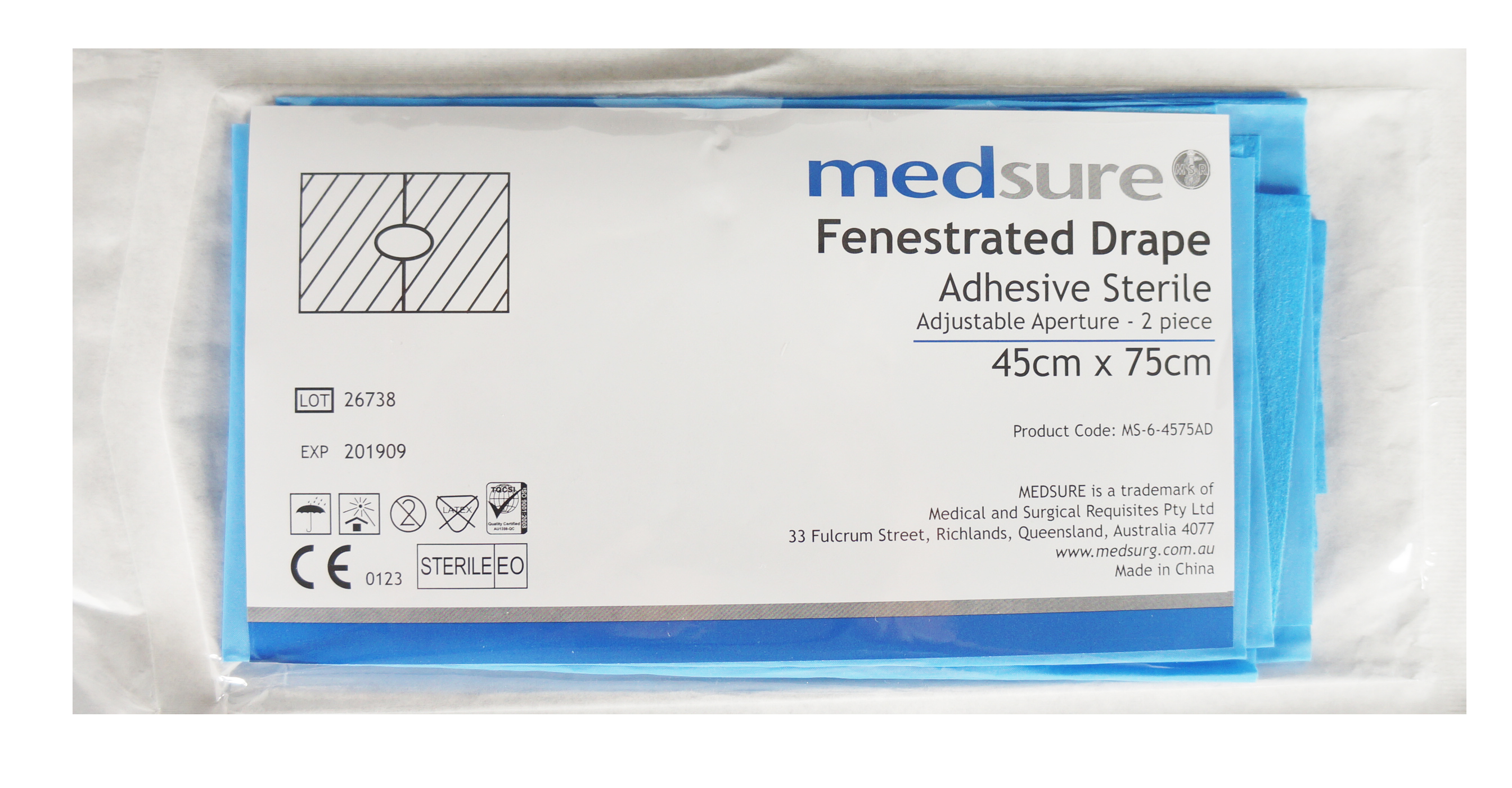  Medsure Fenestrated Sterile Drape with two-piece Adjustable, Adhesive Fenestration 45cm x 75cm. Box of 50