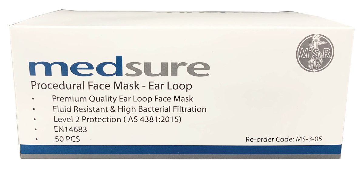 Medsure High Filtration Face Mask with Ear Loops. Box of 50