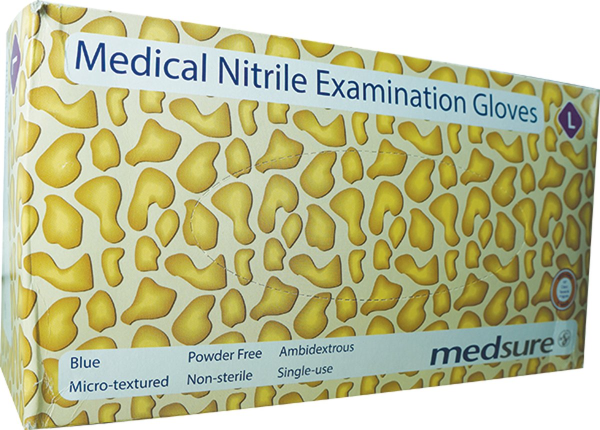  Medsure Nitrile Exam Gloves Blue Large P/F. Box of 200