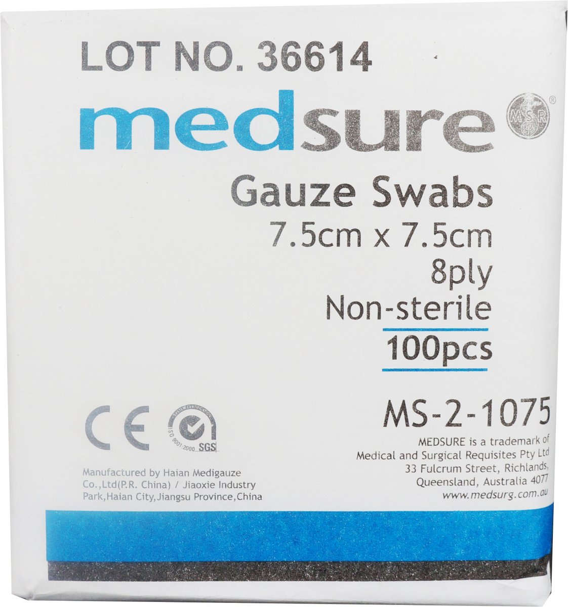  Medsure Non-Sterile Gauze Swabs 8ply 7.5cm x 7.5cm. Pack of 100