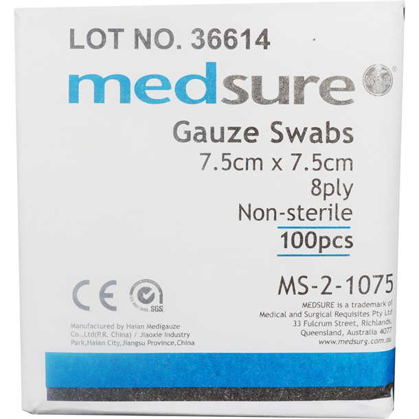  Medsure Non-Sterile Gauze Swabs 8ply 7.5cm x 7.5cm. Pack of 100