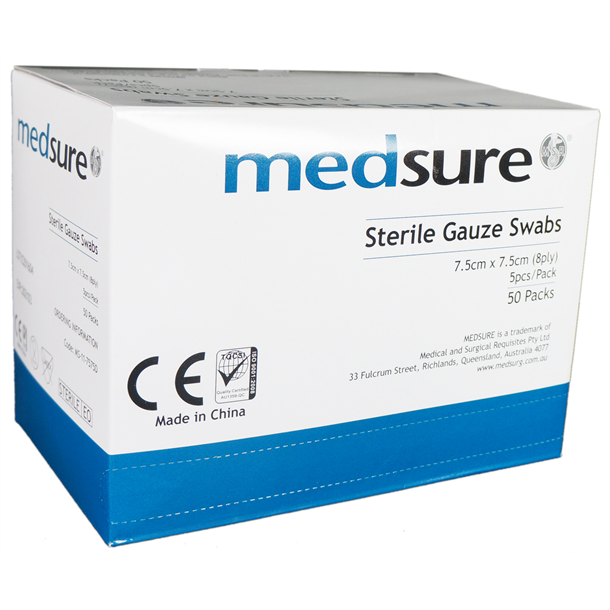  Medsure Sterile Gauze Swabs 7.5cm x 7.5cm, Five per Sterile Pack, Dispenser Box of 50 Packs.