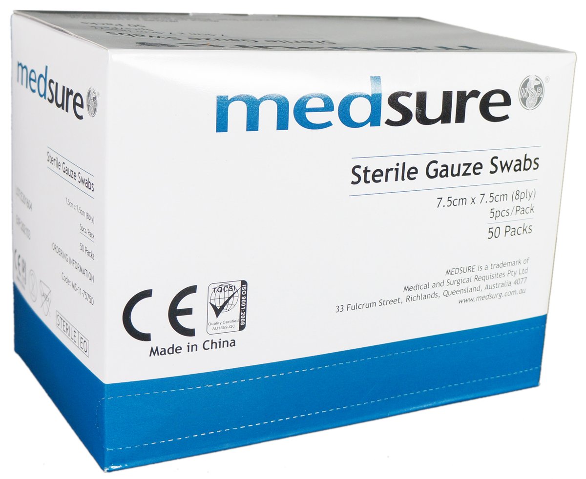  Medsure Sterile Gauze Swabs 7.5cm x 7.5cm, Five per Sterile Pack, Dispenser Box of 50 Packs.