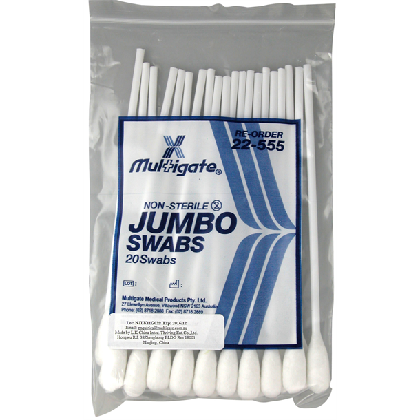Multigate Jumbo Mouth/Throat Swab Single-ended 16cm, Non-sterile. Pack of 20