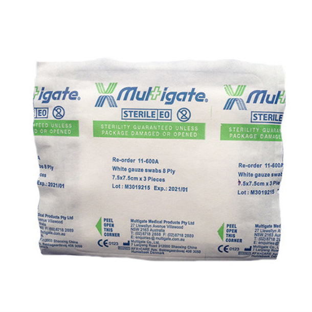 Multigate Sterile Gauze Swabs 7.5cm x 7.5cm. Bag of 100 Packs of 3