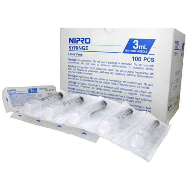 Nipro Syringe 3ml Luer Slip. Box of 100