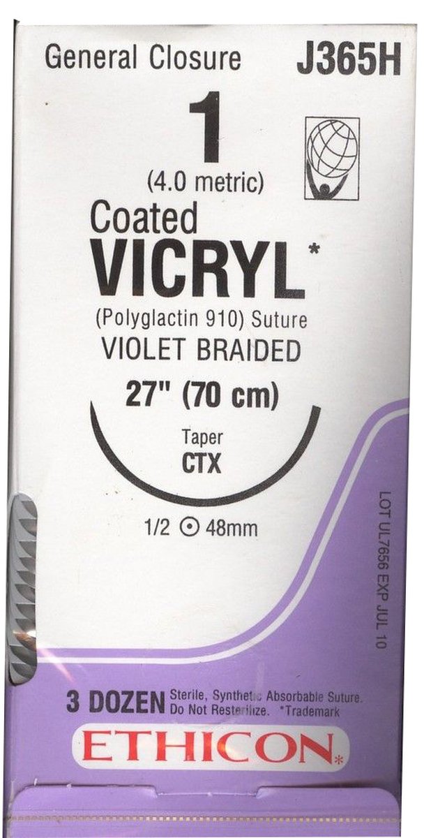 1/0 VICRYL SUTURE 48MM NEEDLE, 70CM DYED. BOX OF 36