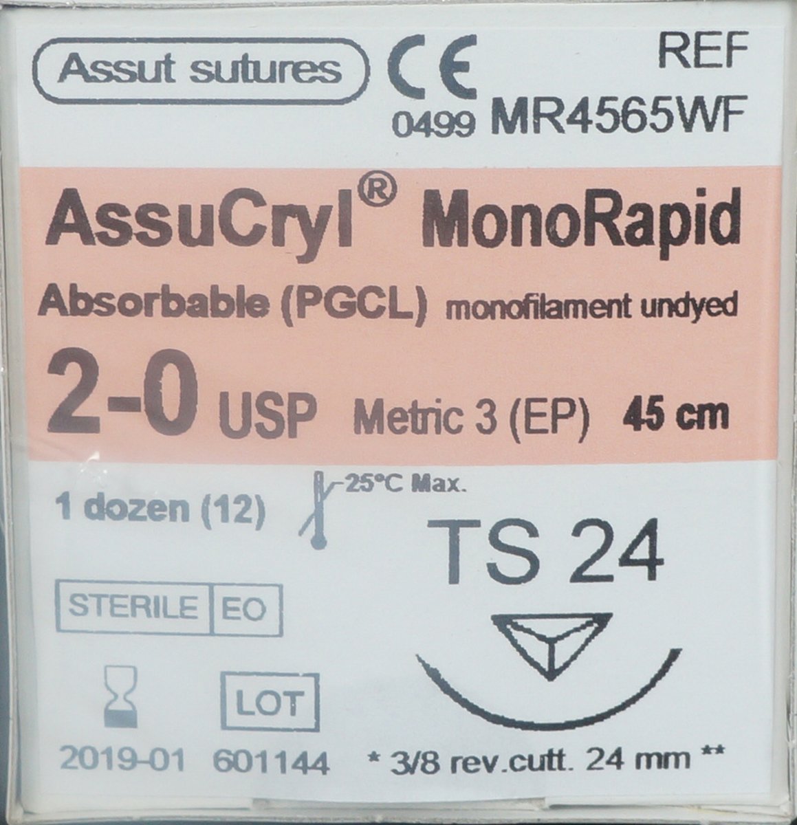  2/0 Assut AssuCryl MonoRapid 24mm x 45cm with Reverse Cutting needle - Undyed. Pack of 12