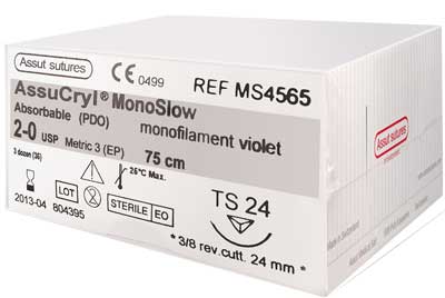  2/0 Assut AssuCryl MonoSlow Violet Sutures 24mm x 75cm with 3/8 Reverse Cutting Needle. Pack of 36